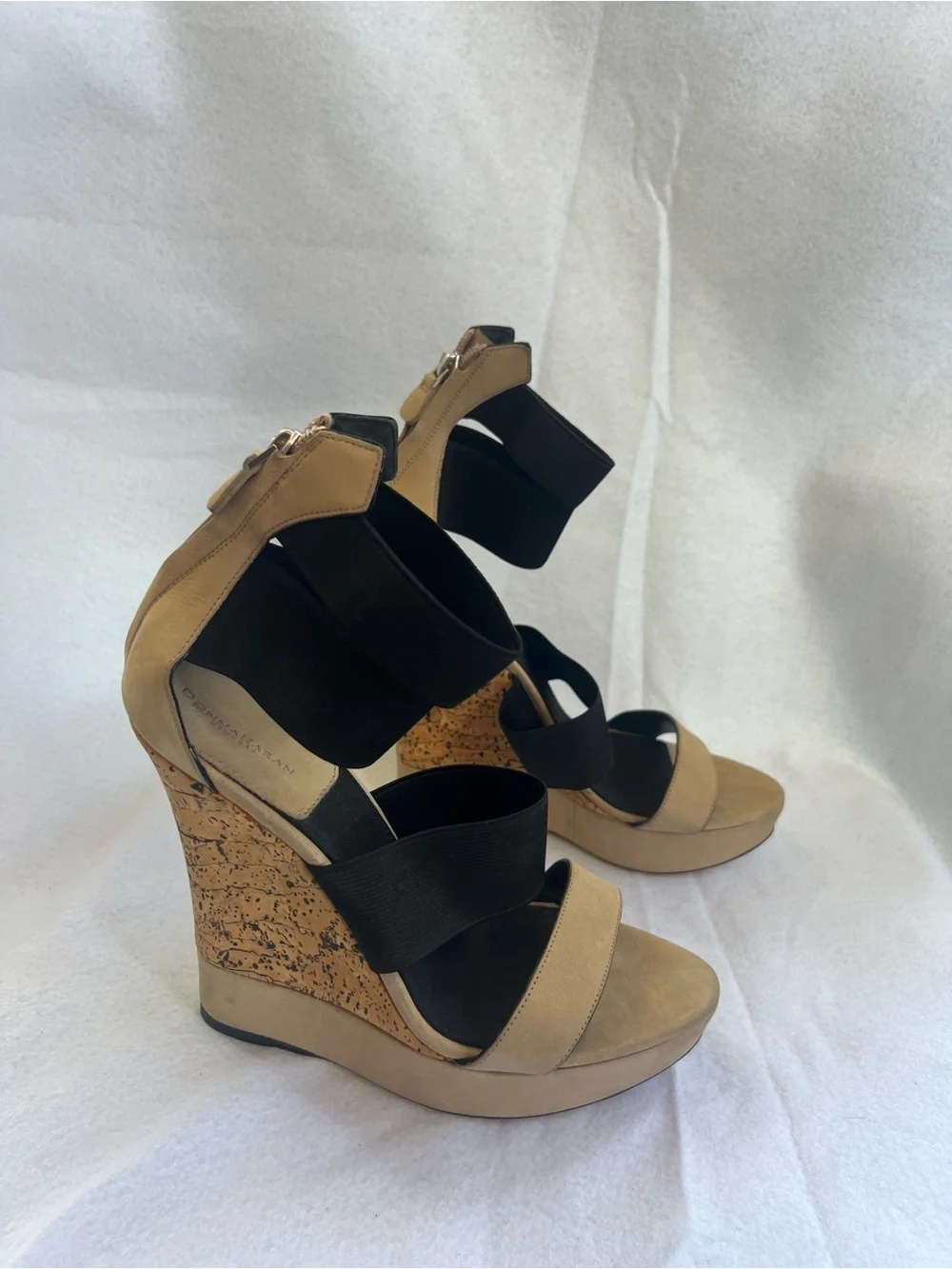 Donna Karan Beige and Black Cork Wedge Sandal
